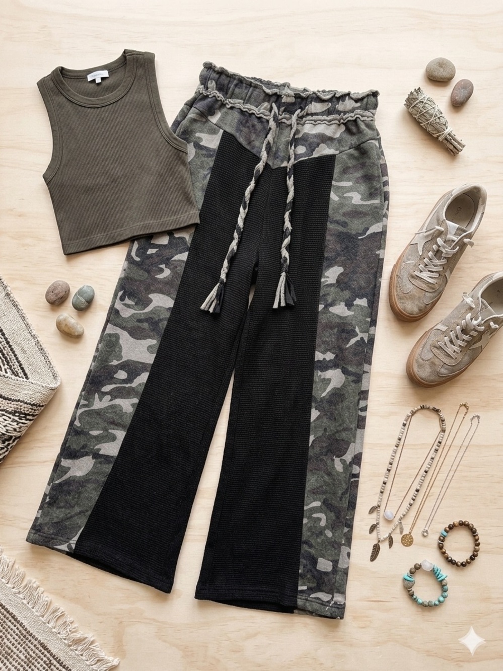 New POL “On the Hunt” Thermal Pants Camo Panel Waffle Knit Wide Leg S